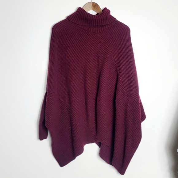 Sweater Poncho Cap Ribbed Chunky Knit Turtle Neck Burgundy Women's OS - Picture 1 of 3